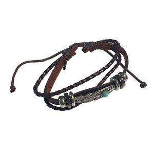 Braided Leather Feather Bracelet Blue Bead Adjustable Brown Band Tribal Design